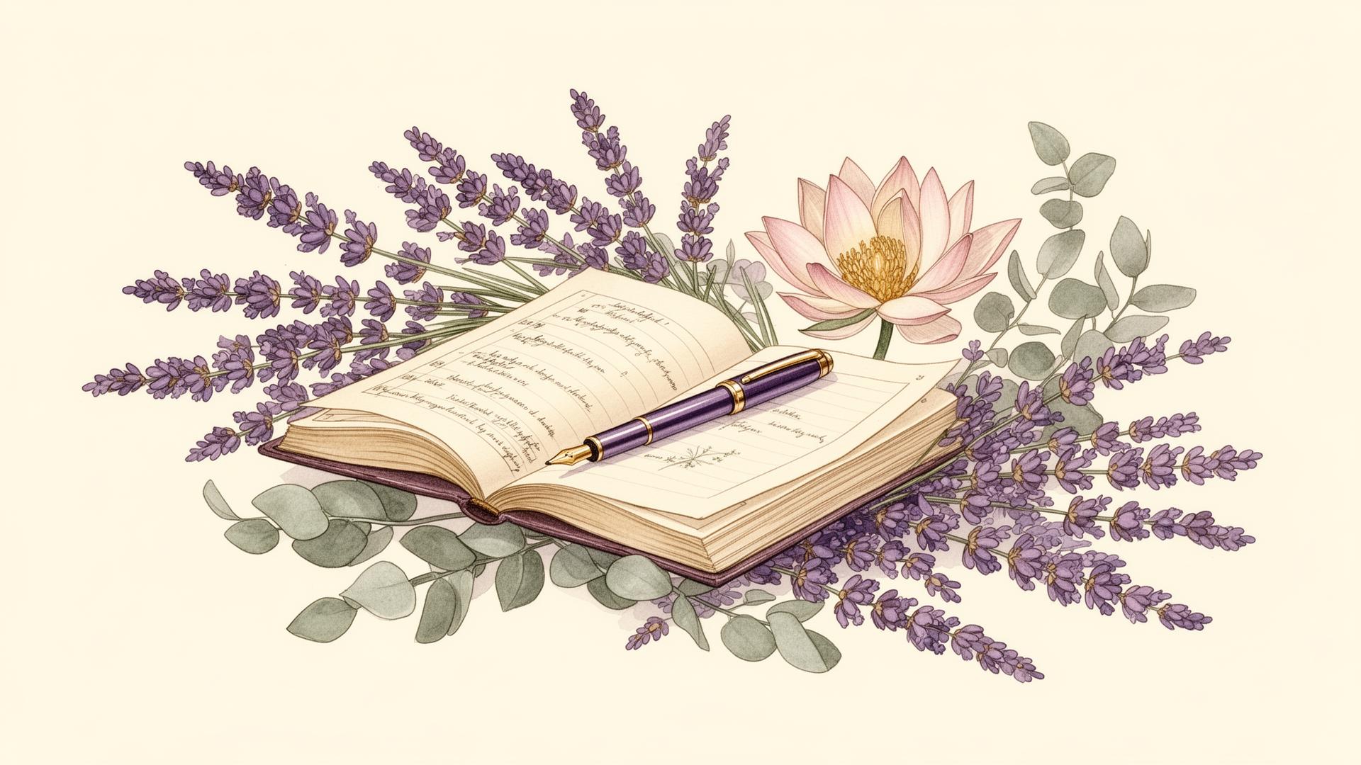 Open journal with a fountain pen, lavender, eucalyptus, and a lotus