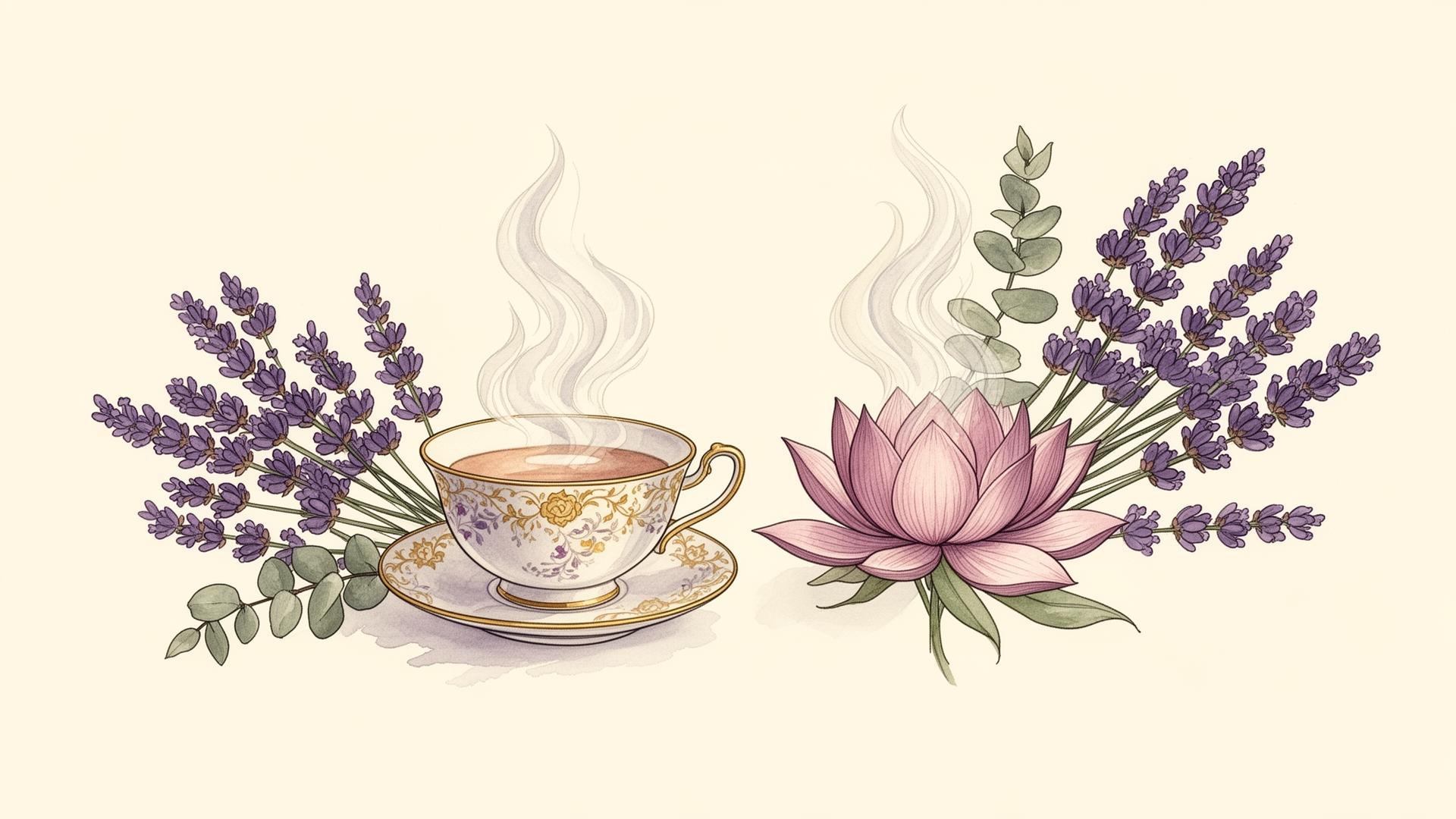 Two teacups with steam rising into lavender and a lotus blossom