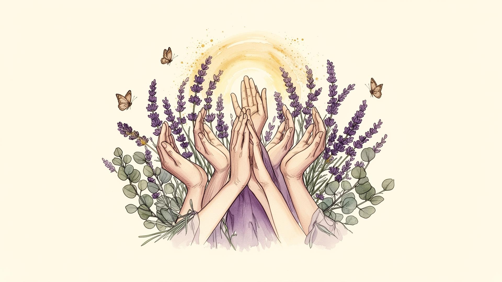 Many hands of women raised in prayer surrounded by lavender and butterflies