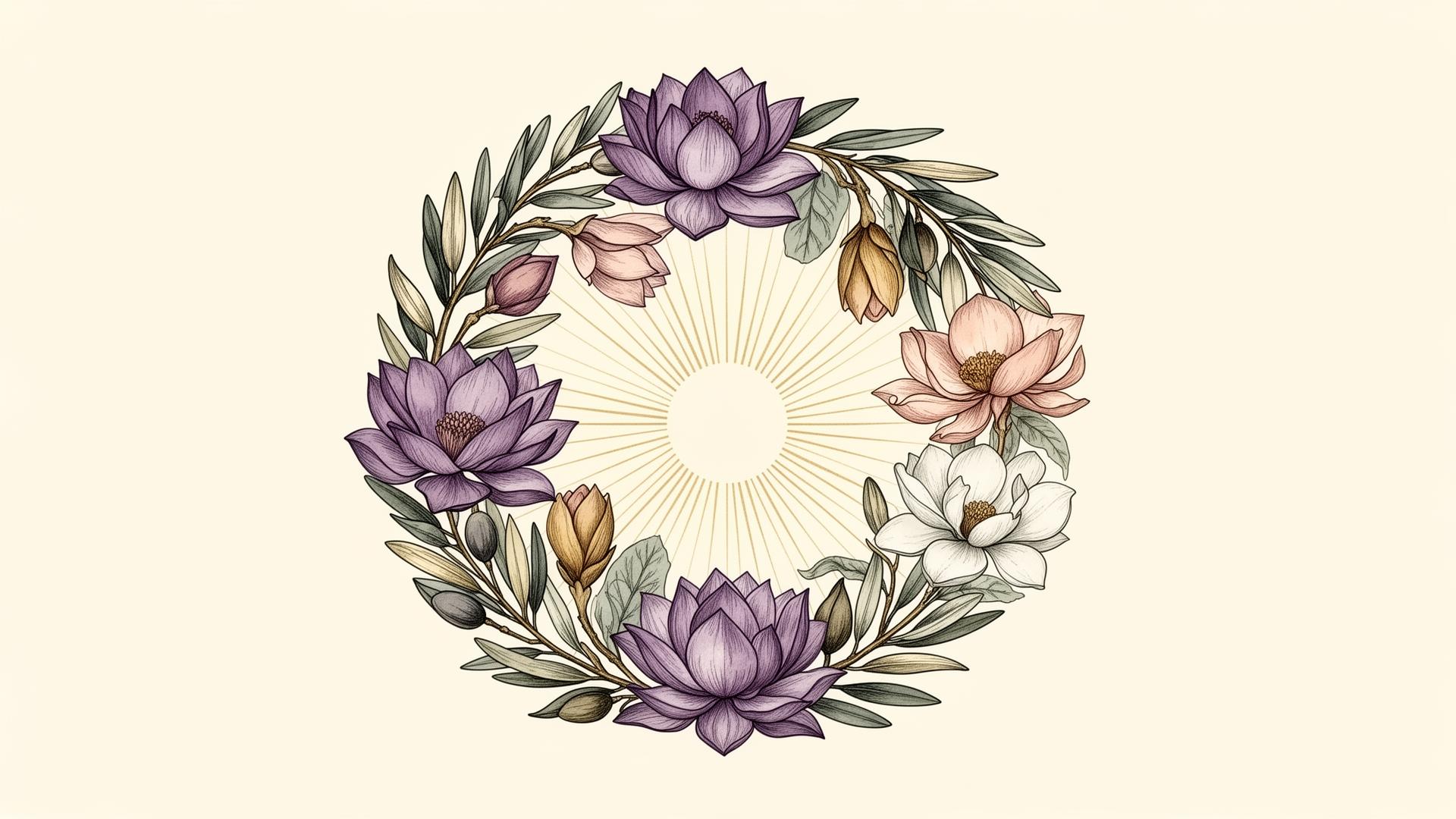 A wreath of lotus, magnolia and olive branches with a gold sunburst