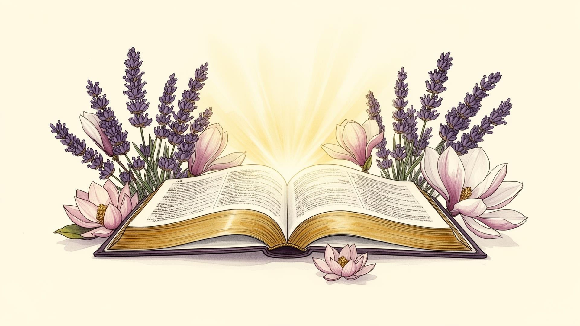 Open Bible glowing with golden light surrounded by lavender and magnolia blossoms
