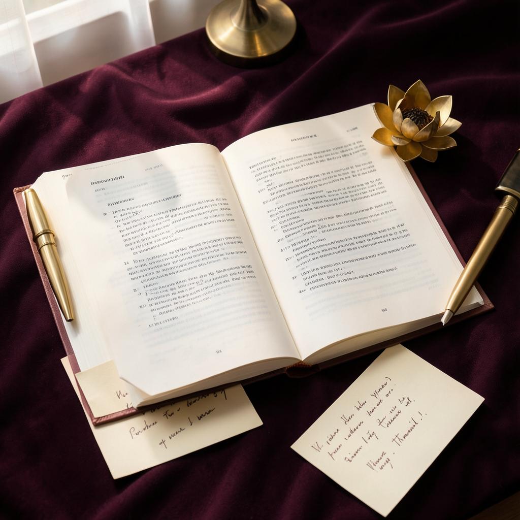 Open manuscript with brass fountain pens and a gold lotus on deep plum fabric — your story becoming a brand
