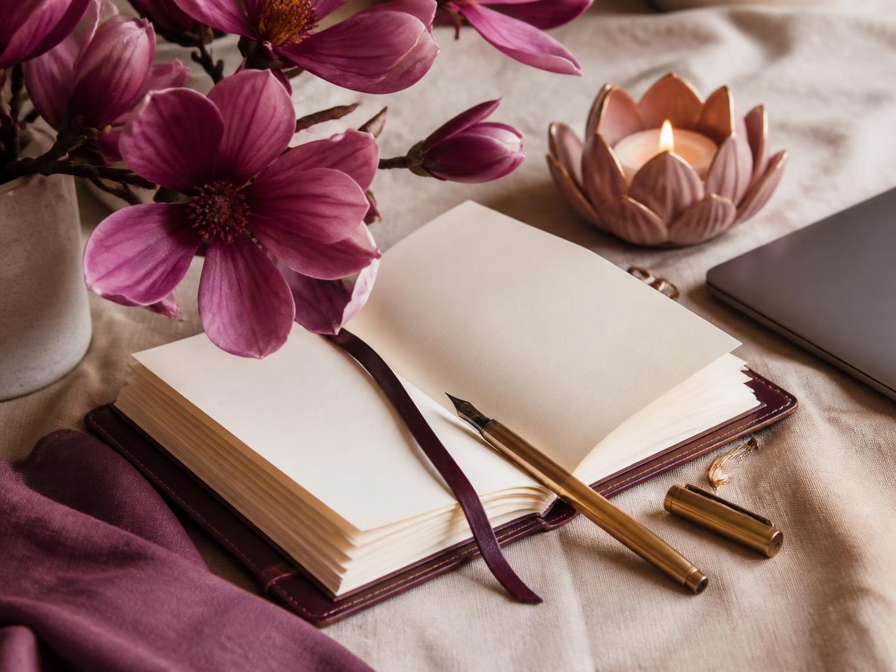 Open journal with a fountain pen, lavender, eucalyptus, and a lotus
