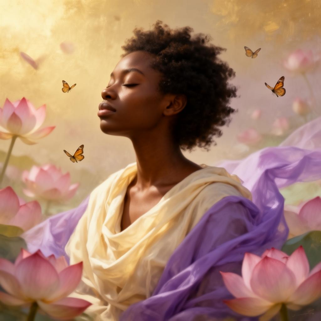 A woman at peace surrounded by lotus flowers and butterflies