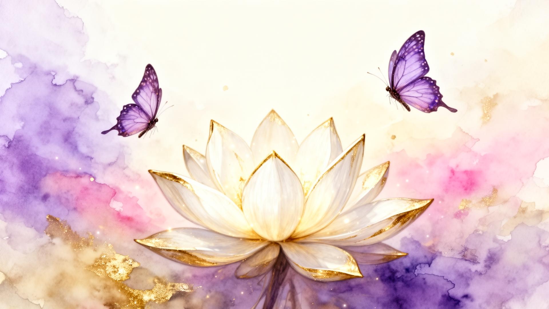 A lotus in bloom surrounded by lavender butterflies